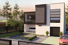 Проект современного двухэтажного дома с оригинальным экстерьером и гаражом на один автомобиль.