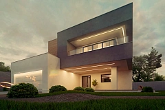 Современный двухэтажный дом с большой площадью остекления.