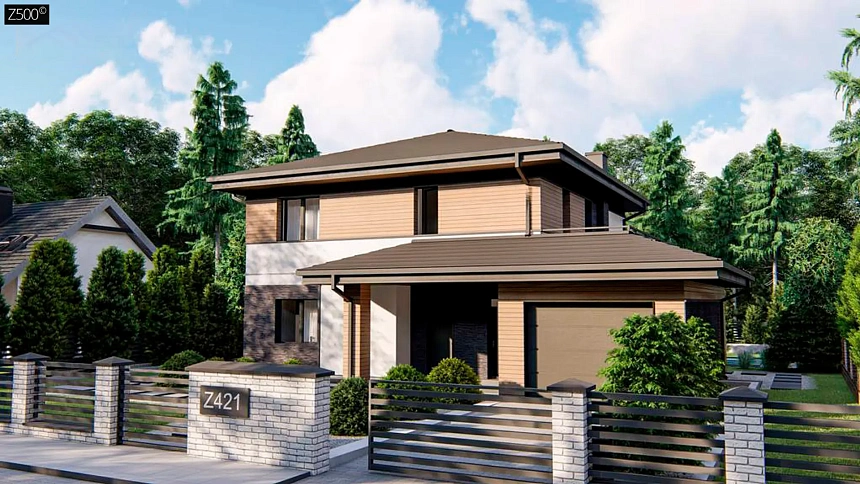 Современный двухэтажный проект дома Z421 с гаражом на одну машину