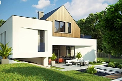 Проект современного коттеджа с цоколем и мансардой