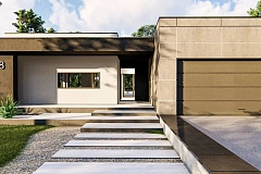 Современный одноэтажный дом с внешним камином