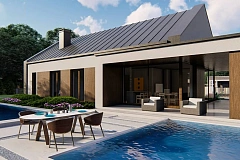 Одноэтажный дом с двускатной крышей и гаражом на одну машину.