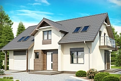 Традиционный дом со встроенным гаражом, мансардными окнами и большим хозяйственным помещением.