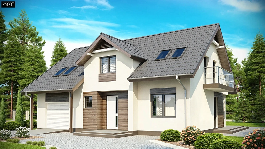 Традиционный дом со встроенным гаражом, мансардными окнами и большим хозяйственным помещением.