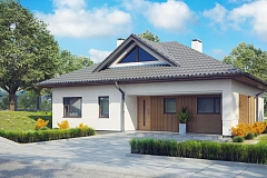 Проект комфортного одноэтажного дома с оригинальными фасадными окнами на чердаке.