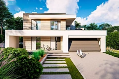 Современный двухэтажный дом с плоской крышей и гаражом на 2 машины.