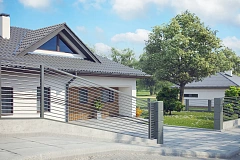 Проект комфортного одноэтажного дома с оригинальными фасадными окнами на чердаке.