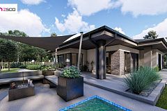 Cовременный одноэтажный дом с многоскатной крышей и гаражом на две машины.