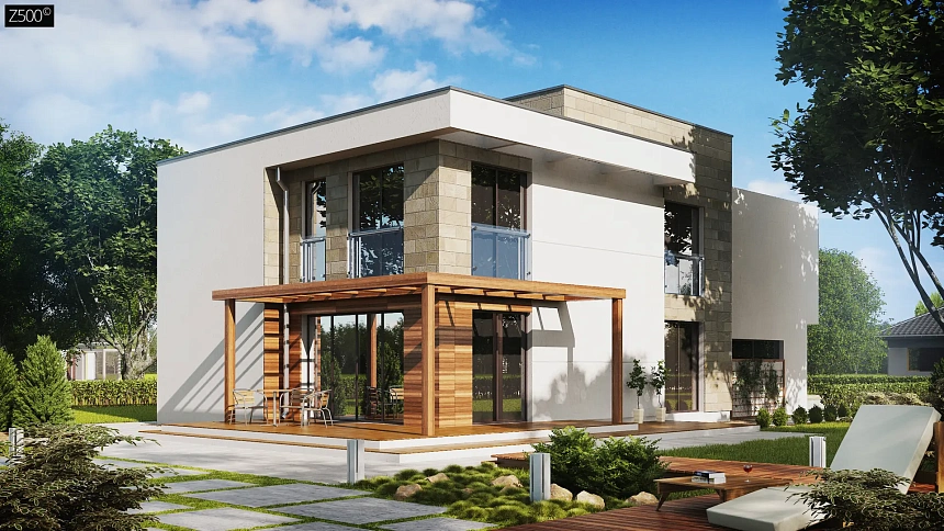 Двухэтажный дом модернистского характера с большой площадью остекления.