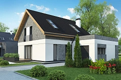 Мансардный дом с гаражом, расположенным с фронтальной стороны фасада