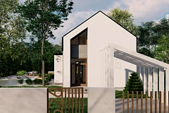 Проект дома для узкого участка с мансардой, большой гостиной и боковой террасой.