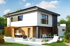 Проект двухэтажного коттеджа с низкой четырехскатной кровлей и большой террасой на втором этаже