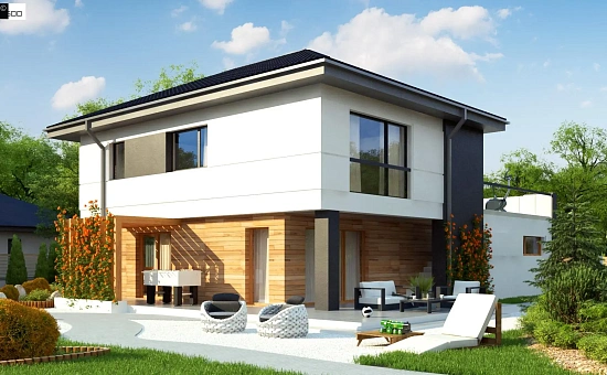 Проект двухэтажного коттеджа с низкой четырехскатной кровлей и большой террасой на втором этаже