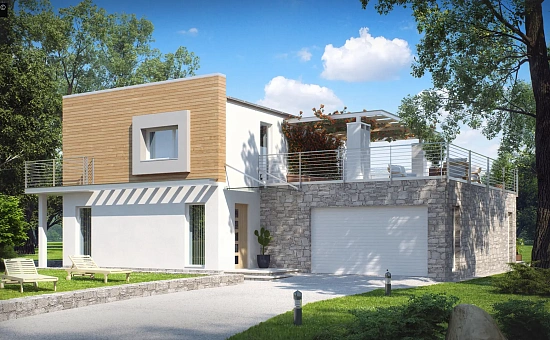 Оригинальный дом в современном стиле с обширной террасой над гаражом.