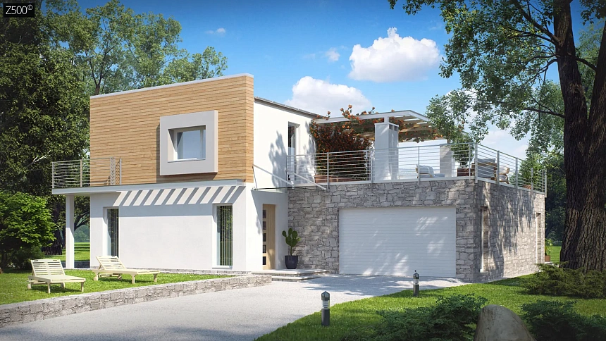 Оригинальный дом в современном стиле с обширной террасой над гаражом.