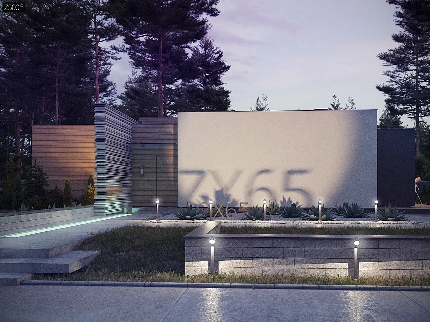 Одноэтажный дом в стиле хай-тек с плоской кровлей и большой площадью остекления.