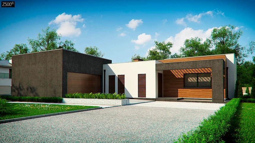 Одноэтажный дом с плоской кровлей и террасой