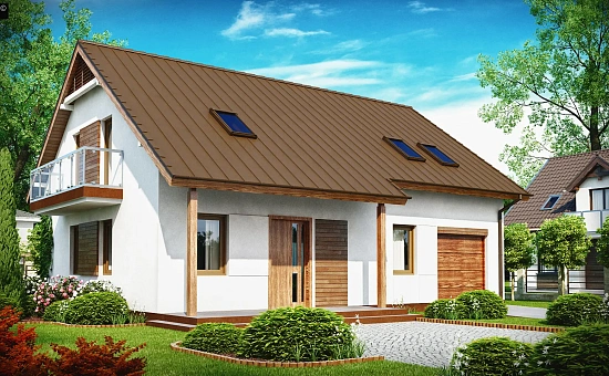 Практичный дом с мансардой, встроенным гаражом и дополнительной спальней на первом этаже.