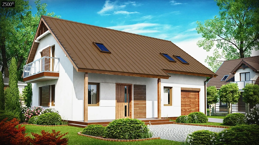 Практичный дом с мансардой, встроенным гаражом и дополнительной спальней на первом этаже.