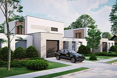 Современный двухэтажный дом с большим остеклением из сада и балконом на втором этаже.