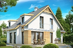 Проект комфортного дома с мансардными окнами, с фронтальным гаражом на одну машину.