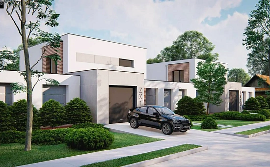 Современный двухэтажный дом с большим остеклением из сада и балконом на втором этаже.