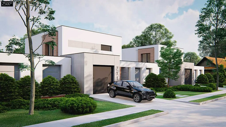 Современный двухэтажный дом с большим остеклением из сада и балконом на втором этаже.