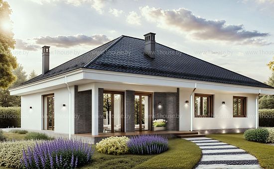 Одноэтажный дом с 4ёхскатной кровлей и 3мя спальнями. 