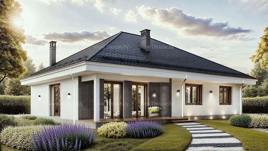 Одноэтажный дом с 4ёхскатной кровлей и 3мя спальнями. 