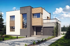 Двухэтажный дом в модернистском дизайне с гаражом и террасой на верхнем этаже.