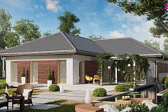 Проект одноэтажного дома с выделенной дневной зоной и большой террасой.