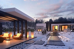 Проект современного одноэтажного дома с интересной планировкой и гаражом для одной машины.