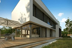 Современный двухэтажный дом с просторной террасой и гаражом на две машины.