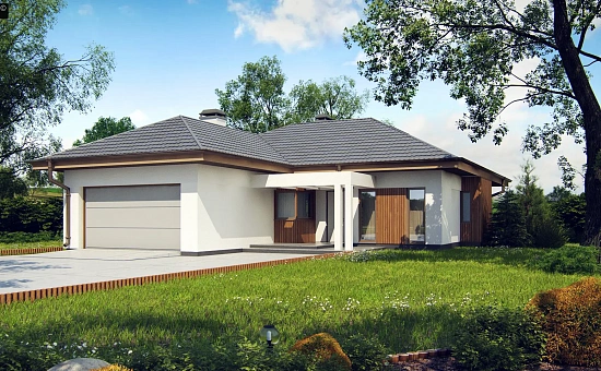 Одноэтажный дом с многоскатной крышей, с удобным функциональным интерьером.