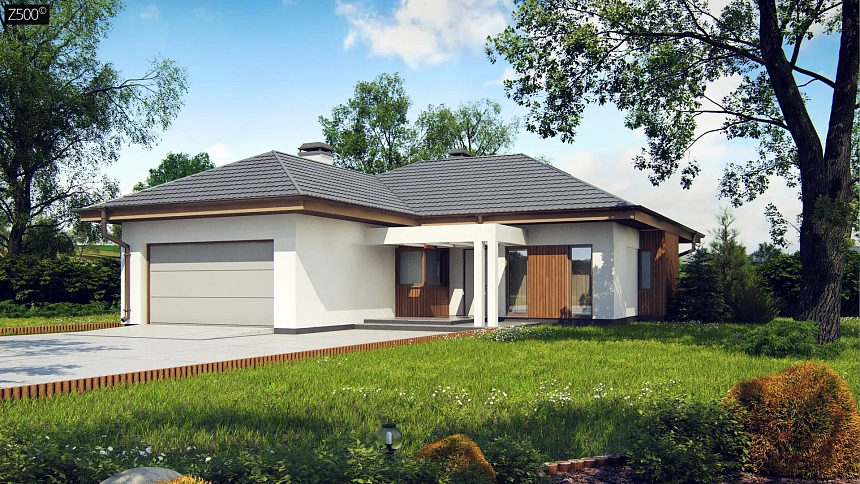 Одноэтажный дом с многоскатной крышей, с удобным функциональным интерьером.