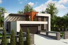 Проект двухэтажного дома в современном стиле с гаражом для двух машин и просторной террасой&nbsp;&nbsp;над ним.