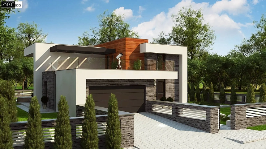 Проект двухэтажного дома в современном стиле с гаражом для двух машин и просторной террасой&nbsp;&nbsp;над ним.