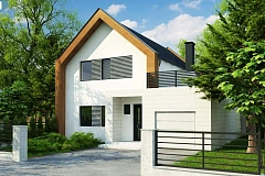 Современный дом с двускатной крышей и гаражом для одного авто