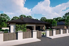 Функциональный одноэтажный дом с гаражом на одну машину, расположенный в центральной части переднего фасада.