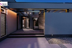 Cовременный одноэтажный дом с плоской крышей с гаражом на два авто