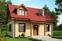 Компактный дом с мансардой с камином на террасе.