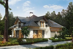 Проект комфортного дома с фасадными окнами, с гаражом для двух автомобилей.