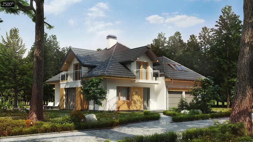 Проект комфортного дома с фасадными окнами, с гаражом для двух автомобилей.