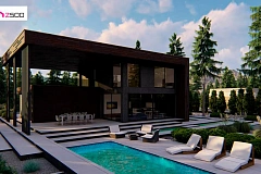 Современный двухэтажный дом с плоской кровлей и навесом для автомобиля