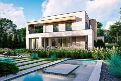 Современный двухэтажный дом с плоской крышей и гаражом на 2 машины.