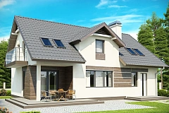 Традиционный дом со встроенным гаражом, мансардными окнами и большим хозяйственным помещением.