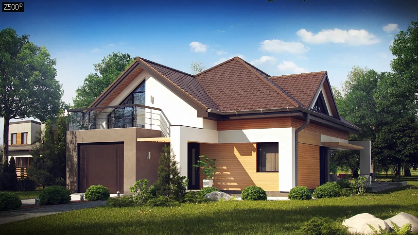 Необычные мансардные окна, фронтальный гараж и современные фасады выделяют этот проект среди остальных.