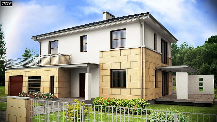 Современный двухэтажный дом простой формы с террасой на втором этаже.