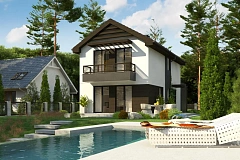 Проект двухэтажного дома в современном стиле, подойдет для строительства на узком участке.