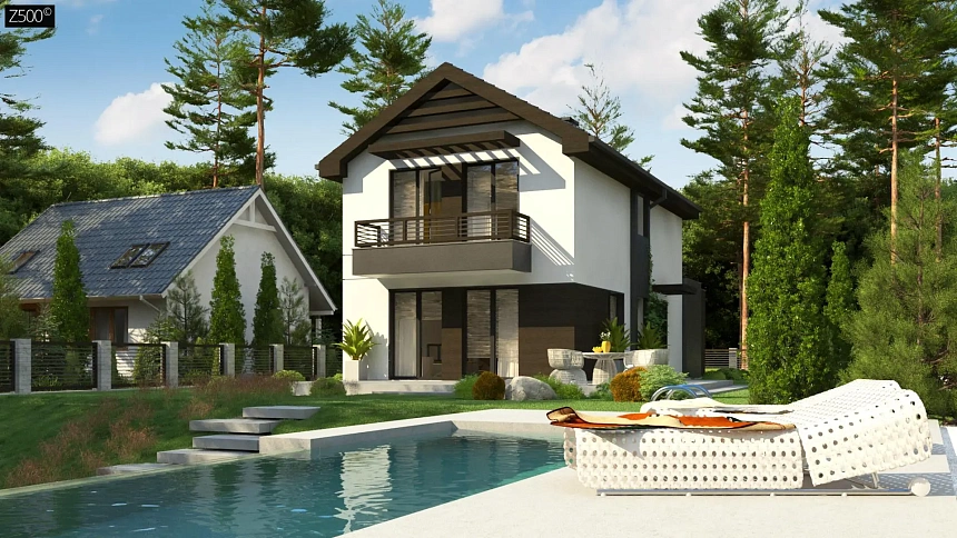 Проект двухэтажного дома в современном стиле, подойдет для строительства на узком участке.